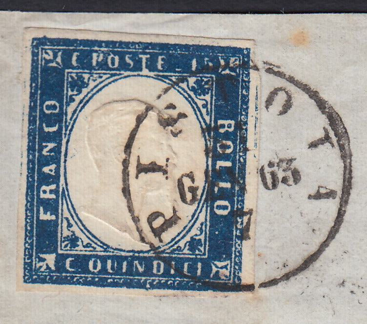VEII325 - 1863 - Frontespizio di lettera spedito da Pistoia per Arezzo 31/1/63 affrancato con c. 15 azzurro verdastro tipo sardegna (11ha)