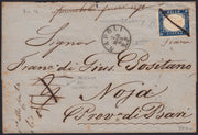 VEII326 - 1863 - Lettera spedita da Napoli per Mola di Bari 2/3/63 con c. 15 azzurro scuro tassato e detassato, lil francobollo è annullato a penna con dicitura Francobollo fuori uso anch'essa depennata (11b)