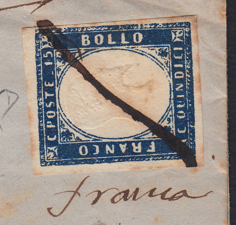 VEII326 - 1863 - Lettera spedita da Napoli per Mola di Bari 2/3/63 con c. 15 azzurro scuro tassato e detassato, lil francobollo è annullato a penna con dicitura Francobollo fuori uso anch'essa depennata (11b)