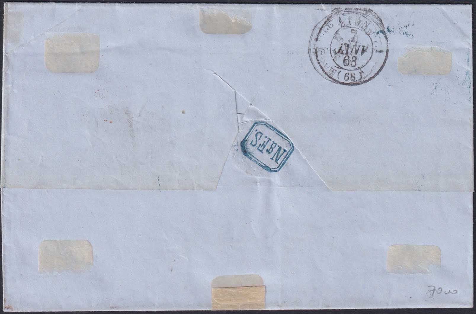 VEII342 - 1863 - Emissione dentellata, c. 40 rosa su lettera da NAPOLI (Porto) per Lione 3/1/63 (3d)