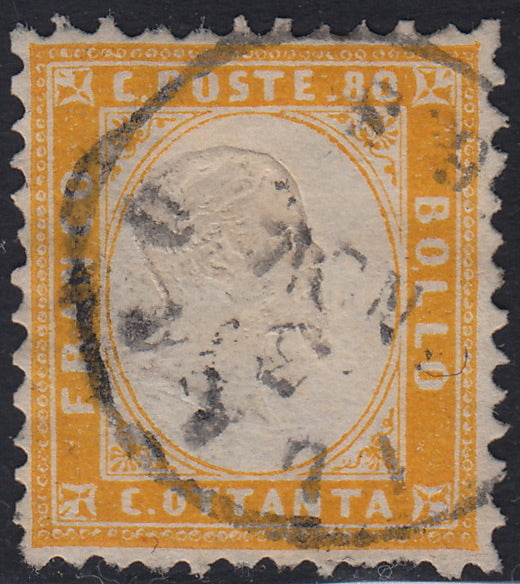 VEII37 - 1862 - Emissione dentellata, c. 80 giallo arancio usato con annullo di Milano (4).