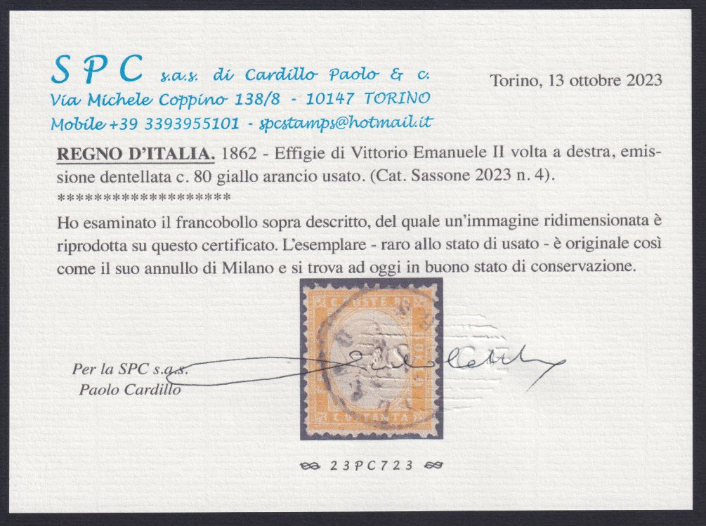 VEII37 - 1862 - Emissione dentellata, c. 80 giallo arancio usato con annullo di Milano (4).
