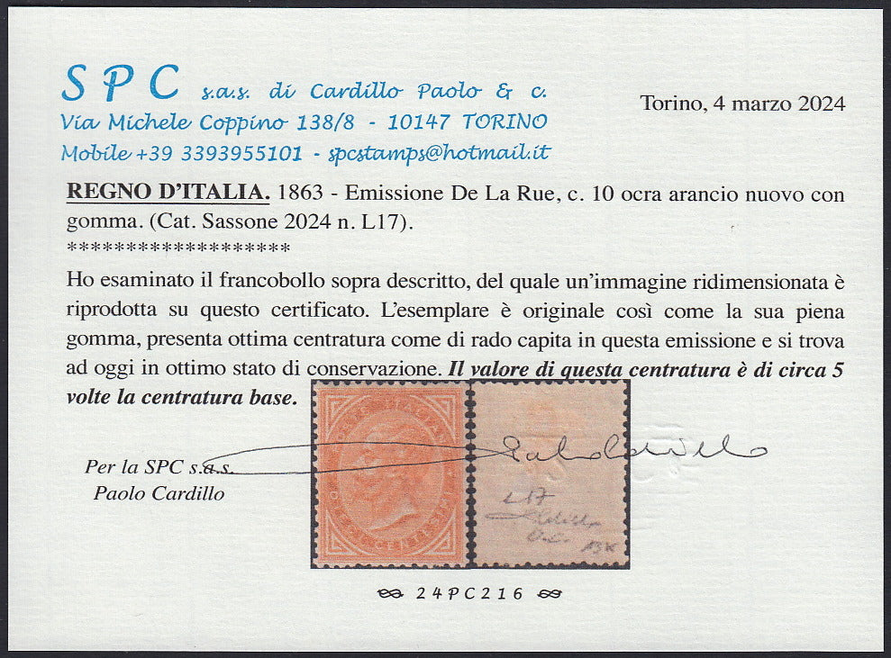 VEII80 - 1863 - Regno d'Italia emissione De La Rue (Londra) c.10 ocra arancio nuovo con gomma originaele e ottima centratura (L17)
