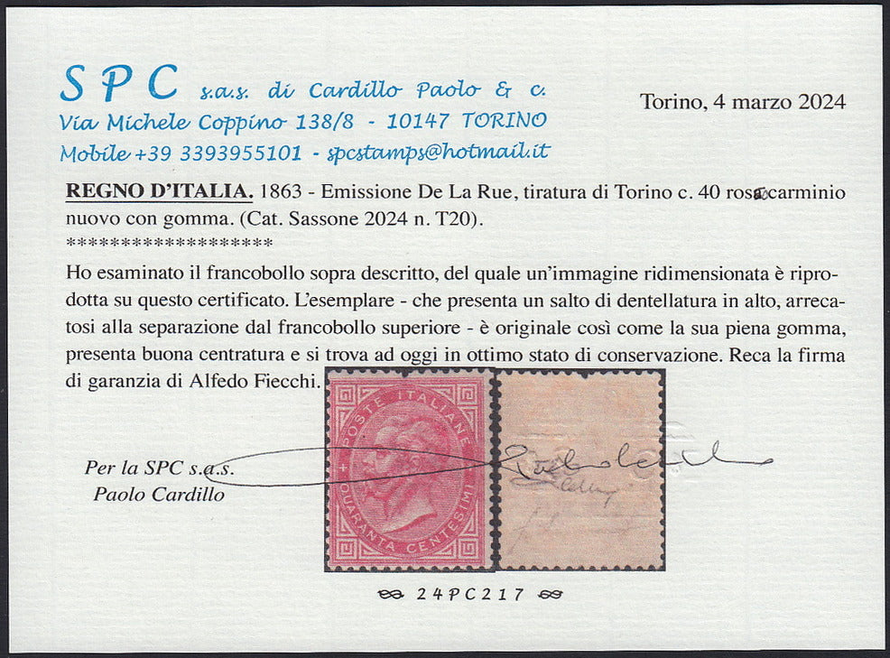 VEII81 - 1863 - Kingdom of Italy issue De La Rue (Turin) c. 40 new carmine red with original rubber and good centering (T20)