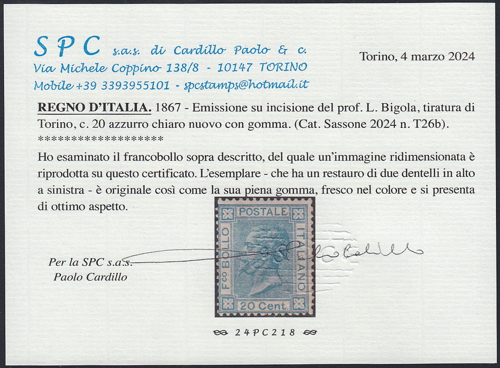 VEII82 - 1867 - Kingdom of Italy Bigola type issue c. 40 light blue Turin edition, new with original rubber (T26b)