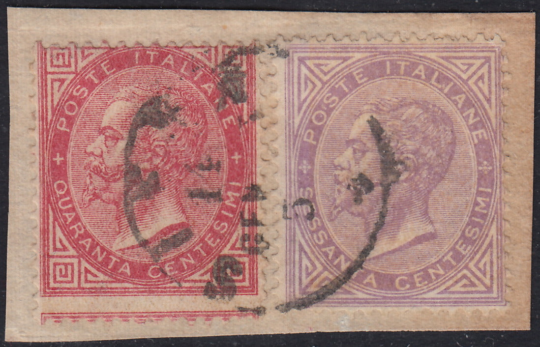 VEII83 - 1863 - Kingdom of Italy issue De La Rue (London) c. 40 carmine pink with horizontal serration strongly displaced in the vertical direction + c. 60 light lilac used on fragment in Siena. (L20e + L21)