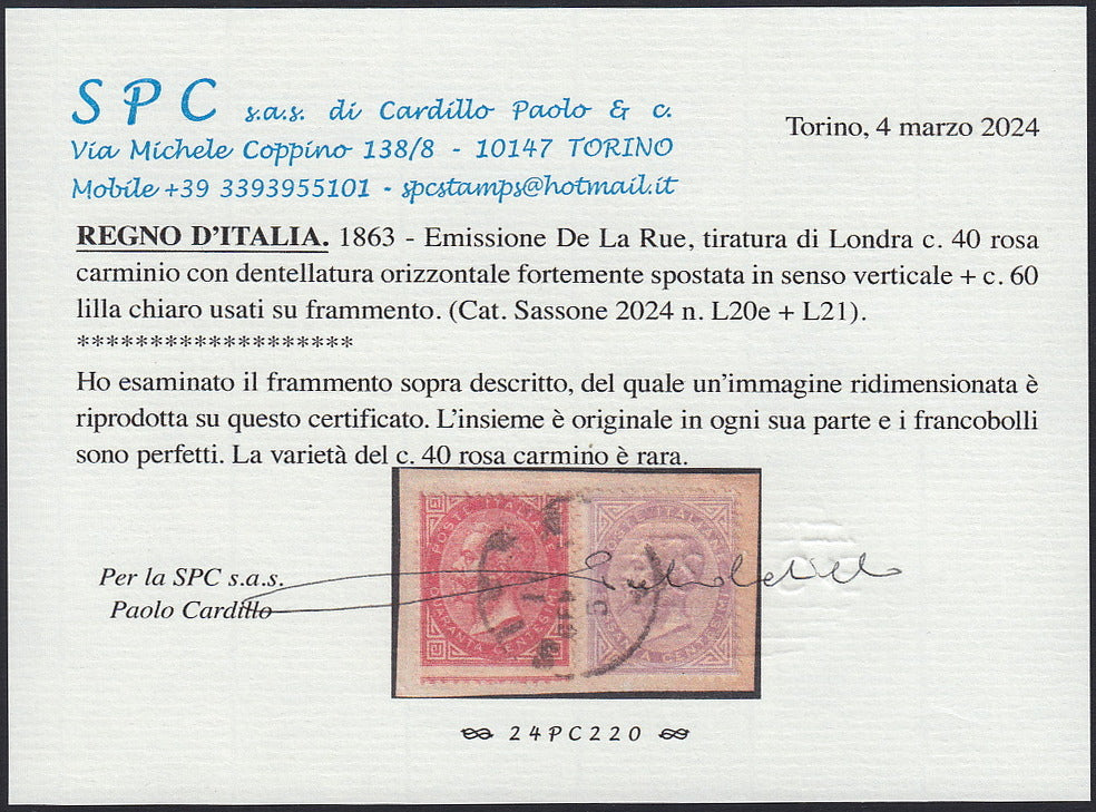 VEII83 - 1863 - Kingdom of Italy issue De La Rue (London) c. 40 carmine pink with horizontal serration strongly displaced in the vertical direction + c. 60 light lilac used on fragment in Siena. (L20e + L21)