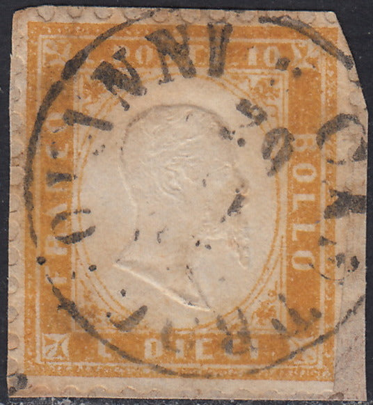 VEII84 - 1862 - Regno I emissione c. 10 ocra arancio chiaro usato CASTROGIOVANNI (1h, p.ti 6)
