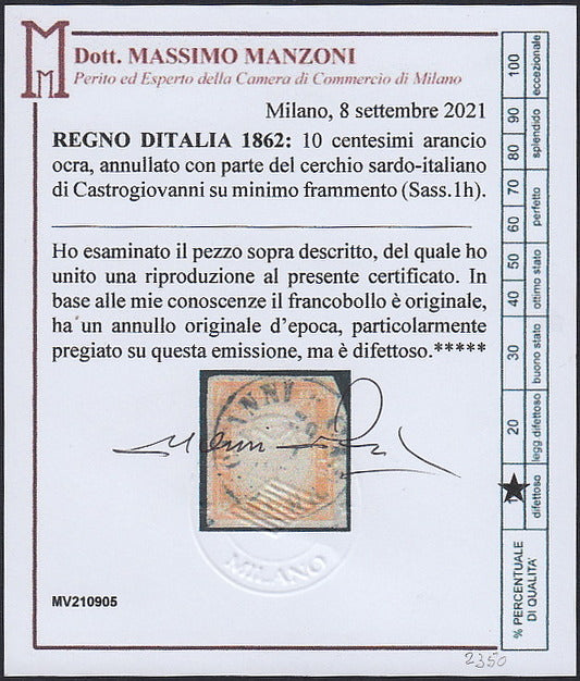 VEII84 - 1862 - Regno I emissione c. 10 ocra arancio chiaro usato CASTROGIOVANNI (1h, p.ti 6)