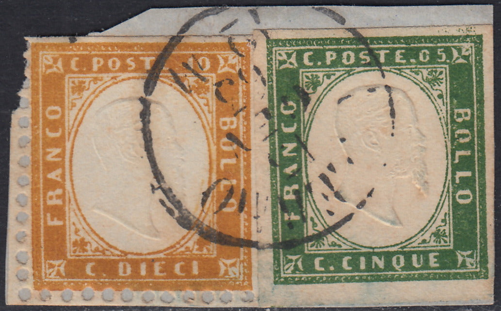 VEII86 - 1863 - Regno I emissione c. 10 ocra arancio+ Sardegna c. 5 verde scuro usati su frammento PALERMO 15/1/62 (13D + 1h)