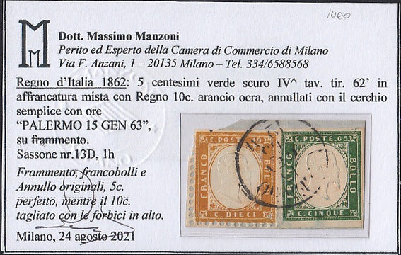 VEII86 - 1863 - Regno I emissione c. 10 ocra arancio+ Sardegna c. 5 verde scuro usati su frammento PALERMO 15/1/62 (13D + 1h)