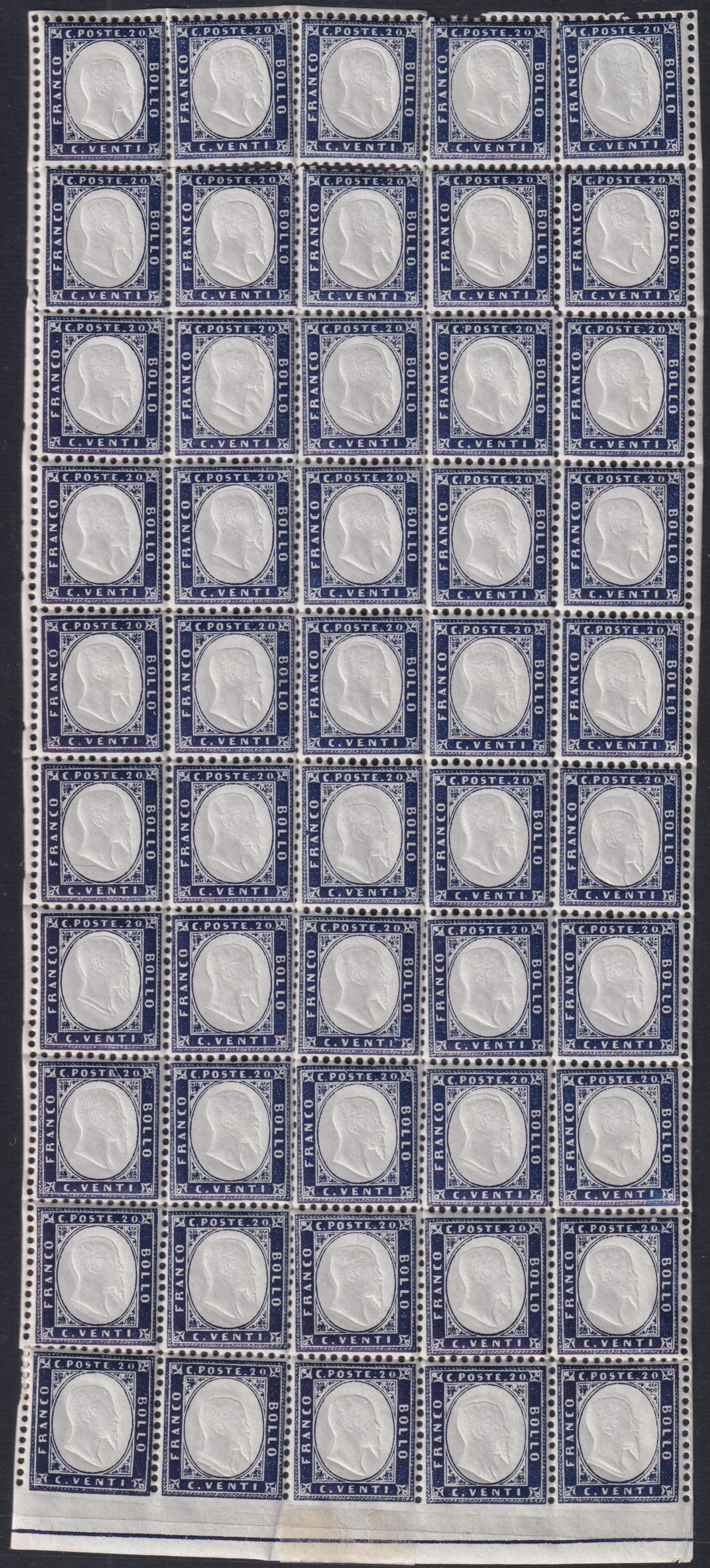 VEIIF1 - 1862 - Vittorio Emanuele II, perforated issue c. 20 indigo with violet reflections, complete sheet of 50 copies with lower box line, new with intact gum and excellent centering. (2nd)