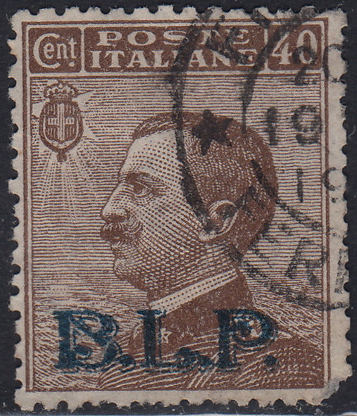 VEIII42 - 1922/23 - Francobollo di Regno tipo Micheti c. 40 bruno, soprastampa azzurra  B.L.P. litografica del II tipo, usato (9)