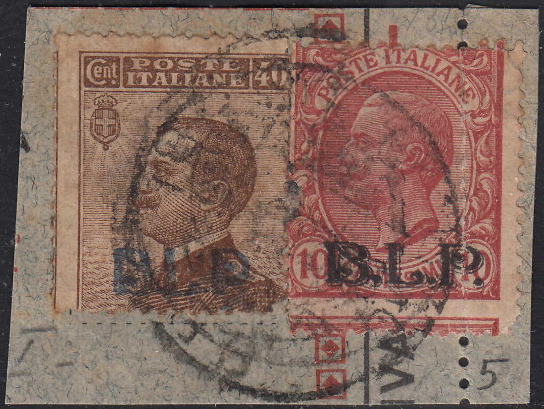 VEIII_71 - 1921/23 - Emissioni BLP, Michetti c. 40 bruno soprastampa Litografica del I tipo + c. 10 rosa soprastampa litografica del II tipo usati su frammento (4 + 5)