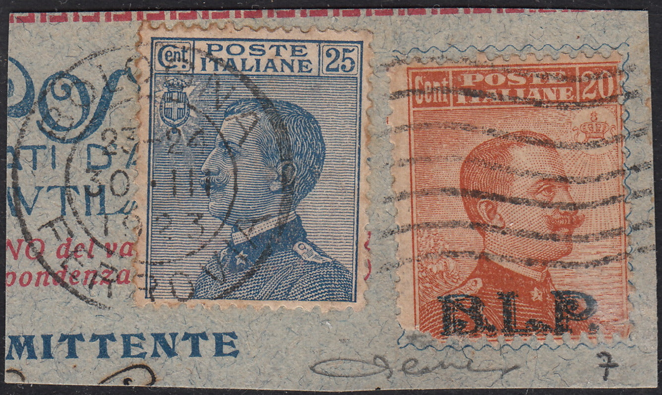 VEIII_72 - 1922/23 - Michetti c. 20 arancio soprastampa BLP Litografica del II tipo usato, in affrancatura mista con c.25 azzurro (7).