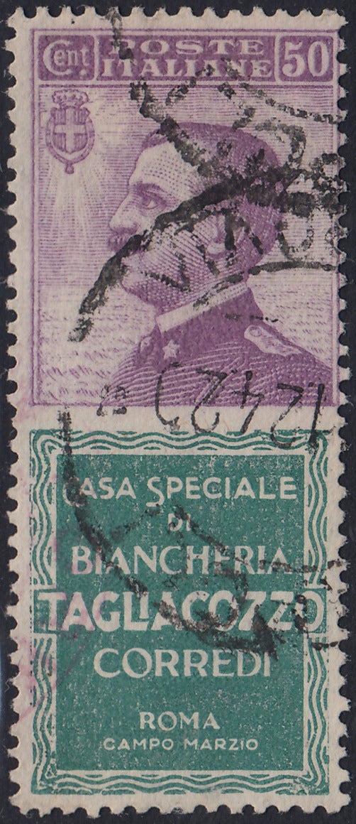 VEIII_76 - Regno d'Italia, emissione con appendici pubblicitarie, c. 50 violetto e verde "TAGLIACOZZO" usato (17)