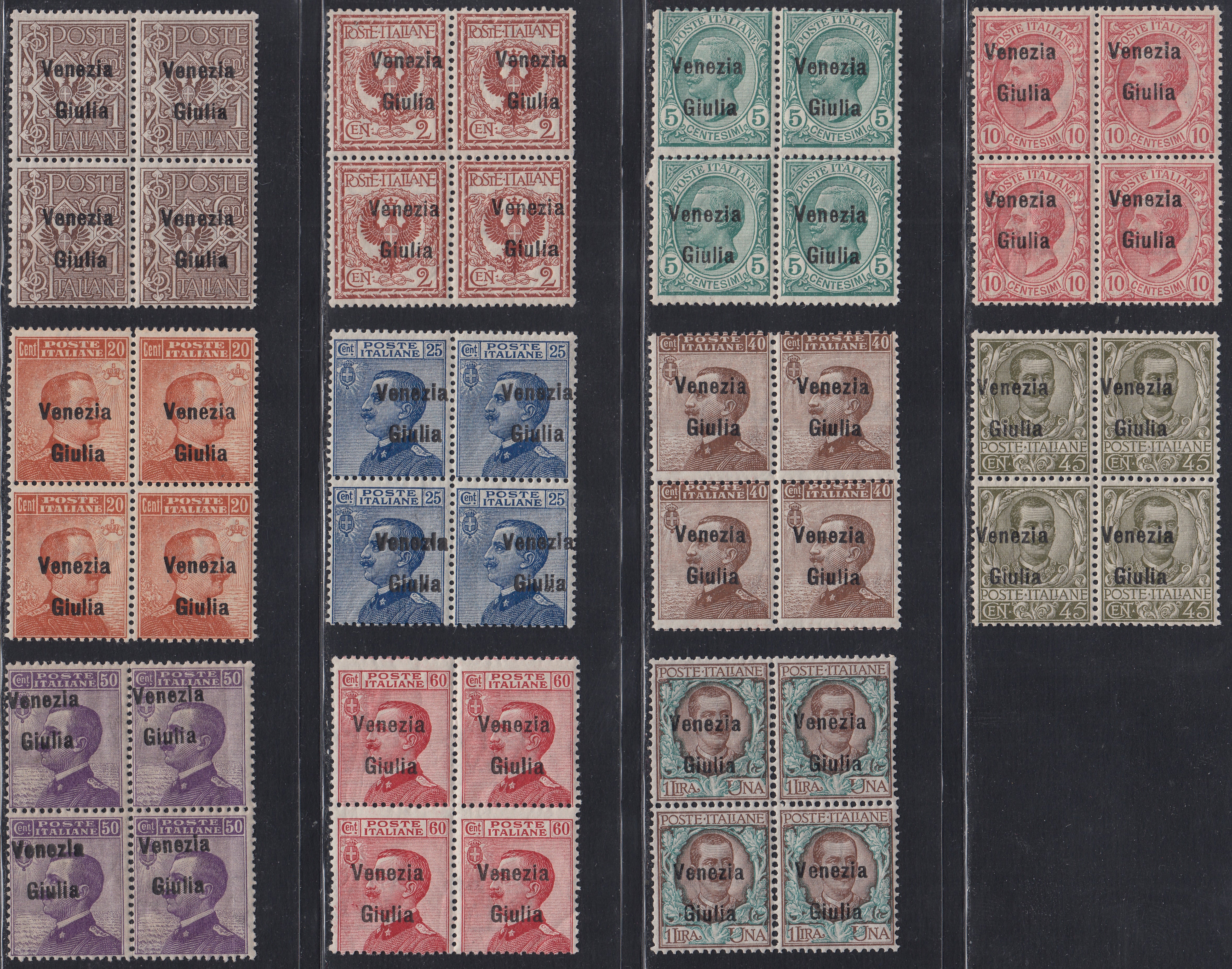 VG21 - 1918/19 - Francobolli d'Italia soprastampati, "VENEZIA GIULIA", serie completa di 11 valori in quartine nuove gomma integra, fantastico insieme (19/29)