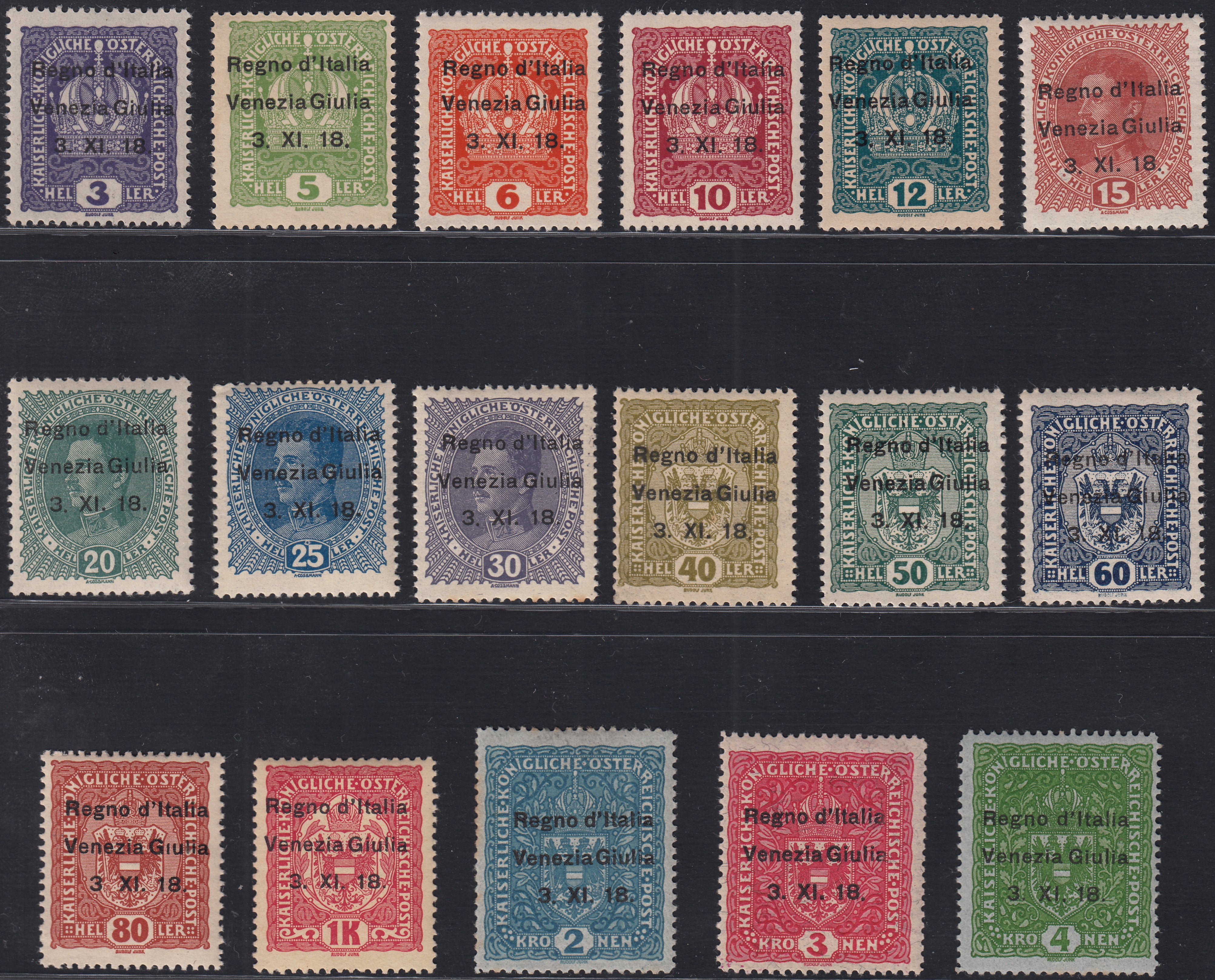 VG34 - 1918 - Venezia Giulia, francobolli d'Austria soprastampati "Regno d'Italia / Venezia Giulia / 3. XI. 18.", serie completa di 17 valori nuova gomma integra (1/17)
