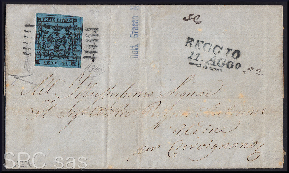 MODSP_100 - 1852 Brief von Modena nach Mailand 5/8/52 frankiert mit 40 c. hellblau, I. Auflage, einzeln (5)