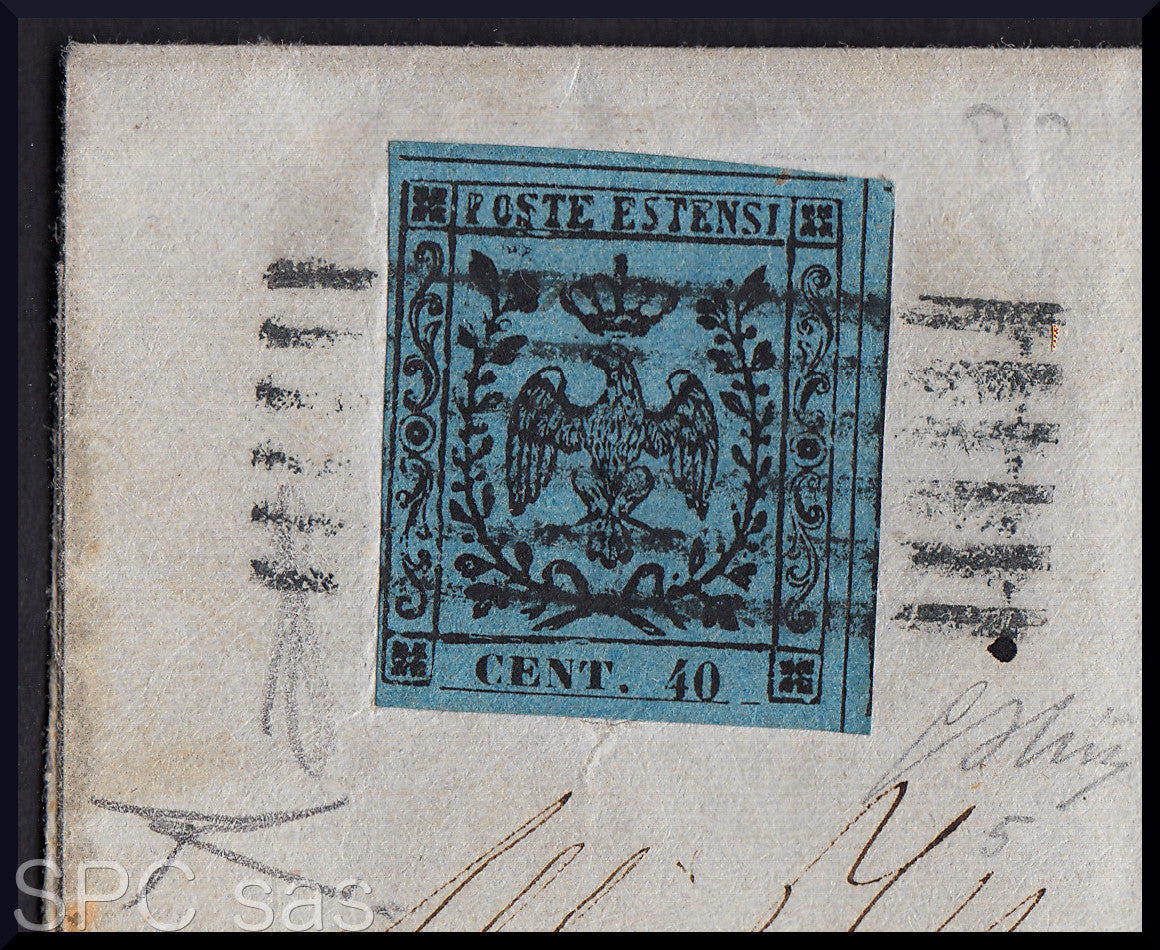 MODSP_100 - 1852 Brief von Modena nach Mailand 5/8/52 frankiert mit 40 c. hellblau, I. Auflage, einzeln (5)