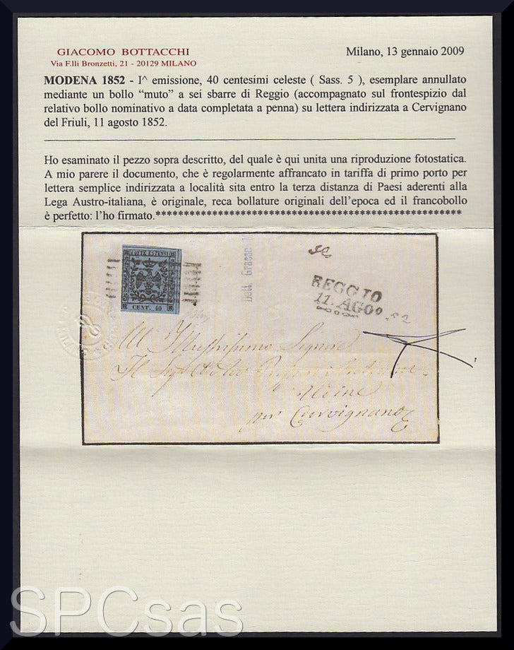 MODSP_100 - 1852 Brief von Modena nach Mailand 5/8/52 frankiert mit 40 c. hellblau, I. Auflage, einzeln (5)