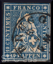 Y220 - 1854/62 - Strubel, Helvetia seduta, 10 rappen azzurro usato (27)