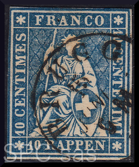 Y220 - 1854/62 - Strubel, Helvetia seduta, 10 rappen azzurro usato (27)