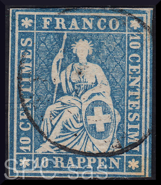 Y221 - 1854/62 - Strubel, Helvetia seduta, 10 rappen azzurro chiaro usato (27)