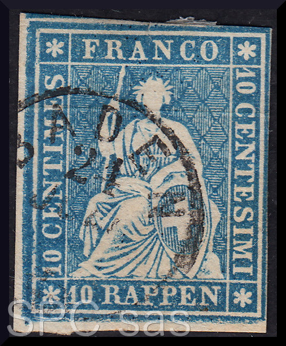 Y222 - 1854/62 - Strubel, Helvetia seduta, 10 rappen azzurro chiaro usato (27)