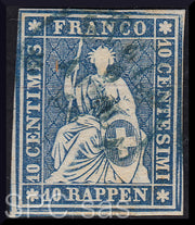 Y223 - 1854/62 - Strubel, Helvetia seduta, 10 rappen azzurro usato (27)