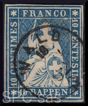 Y224 - 1854/62 - Strubel, Helvetia seduta, 10 rappen azzurro usato (27)