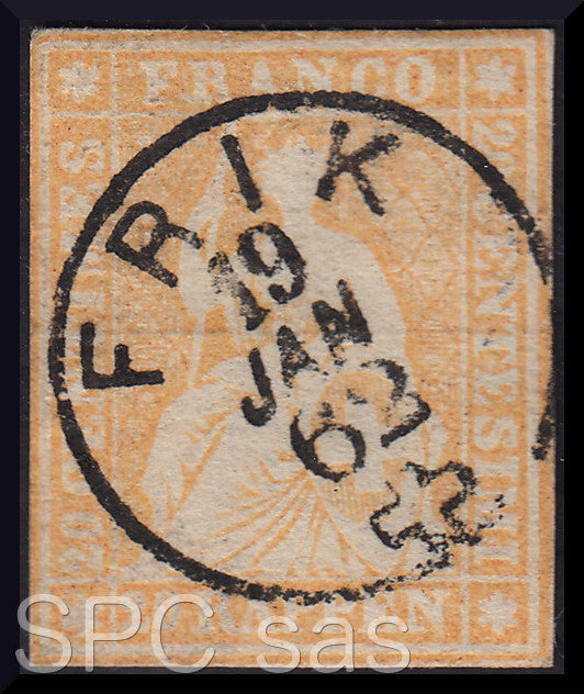 Y225 - 1854/62 - Strubel, Helvetia seduta, 20 rappen arancio usato (29)