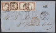 Y390 - 1861 - Frontespizio di lettera TORINO-S.Pierre Les Calais 12/3/1861 affrancata con c. 10 bruno grigio olivastro + c. 10 bruno lillaceo 3 esemplari (14B + 14Ba)