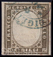 Y397 - 1861 - IV emissione c. 10 grigio olivastro I tavola usato (14C)