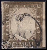 Y399 - 1861 - IV emissione c. 10 grigio olivastro I tavola usato (14C)