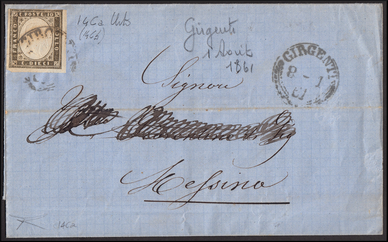 Y412 - 1861 - Lettera spedita da Sciacca per Messina 2/9/61 affrancata con c. 10 oliva grigio scurissimo I tavola (14Cb).