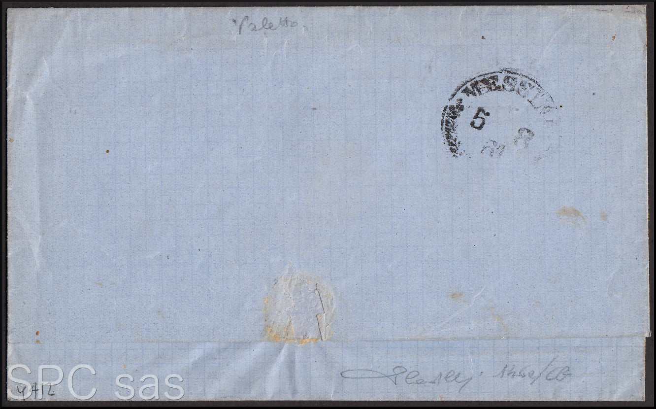 Y412 - 1861 - Lettera spedita da Sciacca per Messina 2/9/61 affrancata con c. 10 oliva grigio scurissimo I tavola (14Cb).