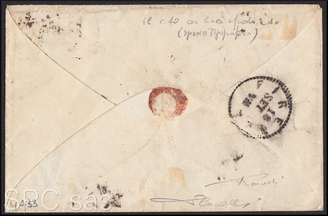 Y433 - 1861 - Lettera spedita da Bologna per Firenze 15/9/61 affrancata con c. 10 grigio olivastro chiaro I tavola (14C)