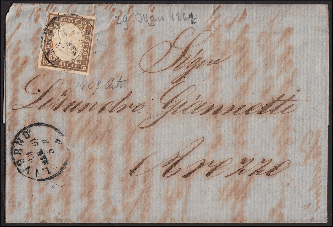 Y448 - 1861 - Lettera spedita da LIVORNO per Arezzo 29/3/61 affrancata con c. 10 grigio bistro scuro I tavola (14Cf).