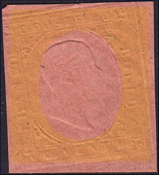 YY141 - 1877 - III emissione Imitazioni usigli con stampa a secco su carta media in colori di fantasia, giallo su carta rosacea nuovo non gommato.