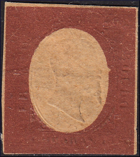 SARD261 - 1854 - III issue c. 20 gold, color proof of the II composition, new, not gummed (P37a)