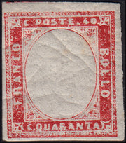 ZZ355 - 1858 - IV emissione c. 40 rosso scarlatto nuovo con gomma originale e privo di effigie sovrana (16A, varietà)