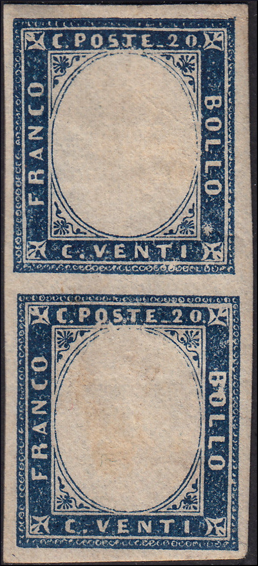 ZZ358 - 1862 - IV emissione c. 20 indaco chiaro II tavola coppia verticale nuova con gomma originale e priva dell'effigie (15Eb, varietà)