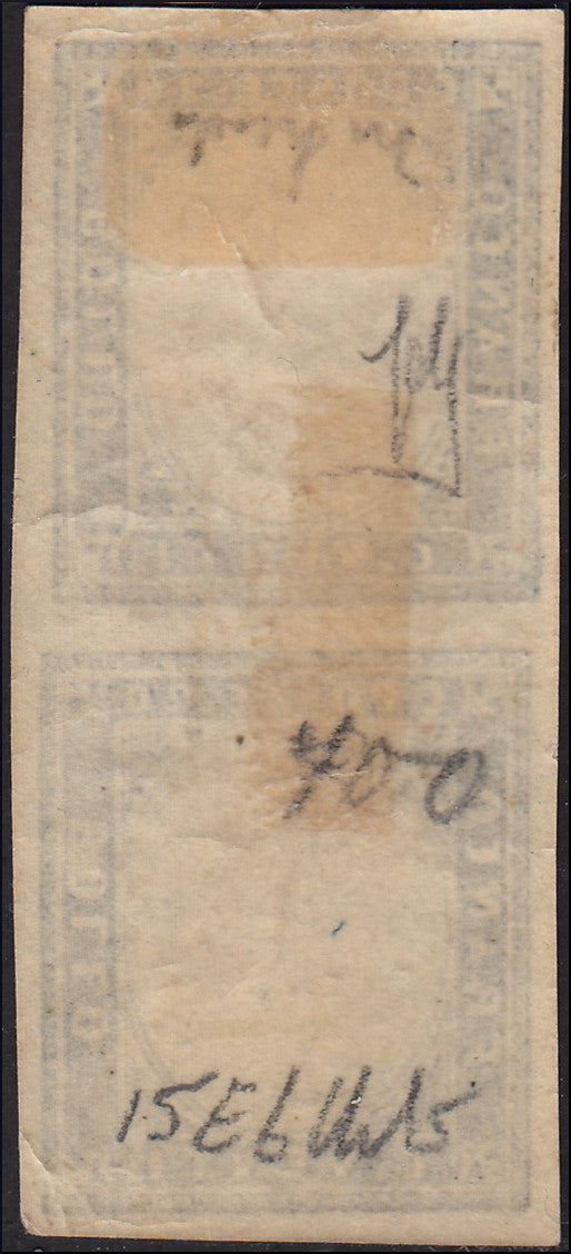 ZZ358 - 1862 - IV emissione c. 20 indaco chiaro II tavola coppia verticale nuova con gomma originale e priva dell'effigie (15Eb, varietà)
