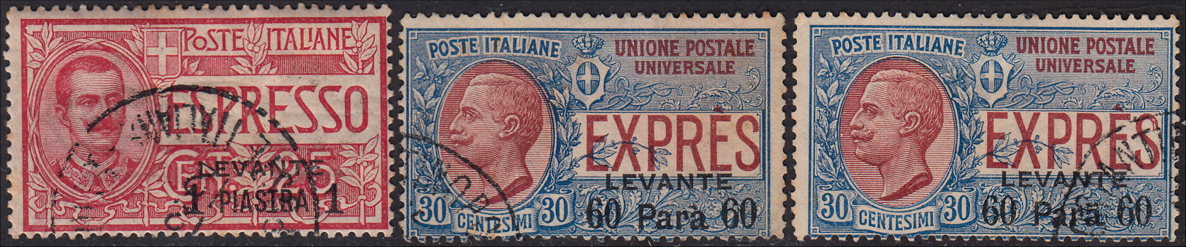 ZZ571 - 1908/10 - Uffici Postali all'Estero, emissioni per tutti gli uffici d'Europa e d'Asia, Espressi soprastampati "Levante" e valore locale tre esemplari usati (1, 2, 2)