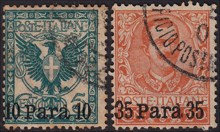 ZZ573 - 1902 - Uffici Postali all'Estero, Emissioni per l'Albania, 25 para su c. 20 arancio + 10 para su c. 5 verde azzzurro usati (4, 5)