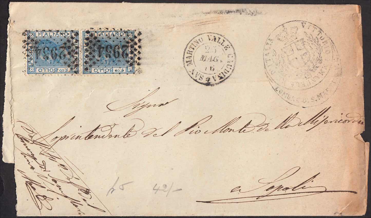 ZZ621 - 1876 - Lettera spedita da S. Martino Valle Caudina per Napoli 25/5/76 affrancata con c. 20 azzurro coppia verticale (T26)