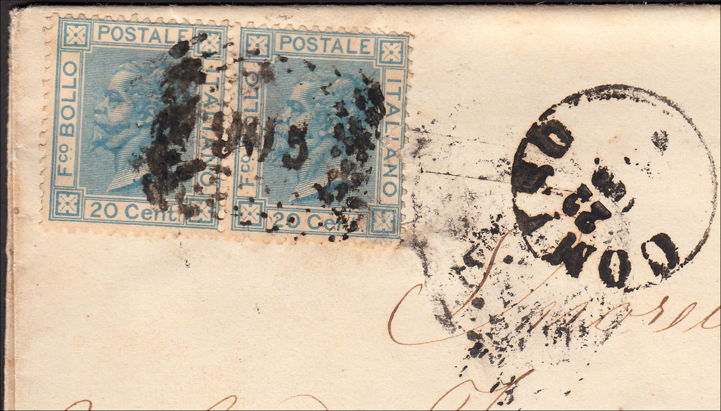 ZZ623 - 1867 - Nuevo formato basado en dibujos de L. Bigola, c. 20 celeste dos ejemplares sobre carta de Comiso a Palermo 27/8/67 (L26)