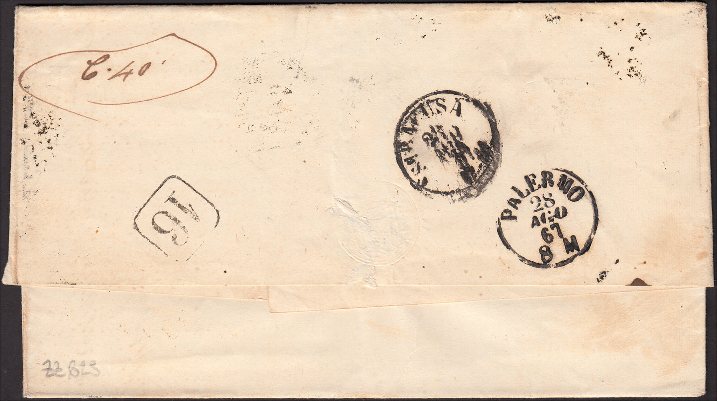 ZZ623 - 1867 - Nuovo formato su disegni di L. Bigola, c. 20 celeste due esemplari su lettera da Comiso per Palermo 27/8/67 (L26)