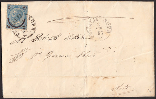 ZZ625 - 1867 - Lettera spedita da Petralia Soprana per Noto 3/8/65 affrancata con c. 20 su c. 15 celeste scuro (25).